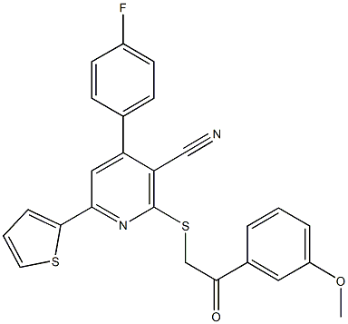 4-(4-fluorophenyl)-2-{[2-(3-methoxyphenyl)-2-oxoethyl]sulfanyl}-6-(2-thienyl)nicotinonitrile 结构式