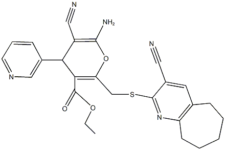 ethyl 6-amino-5-cyano-2-{[(3-cyano-6,7,8,9-tetrahydro-5H-cyclohepta[b]pyridin-2-yl)sulfanyl]methyl}-4-(3-pyridinyl)-4H-pyran-3-carboxylate,625375-71-5,结构式