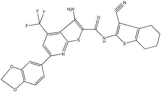 3-amino-6-(1,3-benzodioxol-5-yl)-N-(3-cyano-4,5,6,7-tetrahydro-1-benzothien-2-yl)-4-(trifluoromethyl)thieno[2,3-b]pyridine-2-carboxamide Struktur