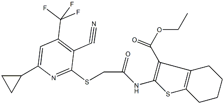 ethyl 2-[({[3-cyano-6-cyclopropyl-4-(trifluoromethyl)pyridin-2-yl]sulfanyl}acetyl)amino]-4,5,6,7-tetrahydro-1-benzothiophene-3-carboxylate Structure