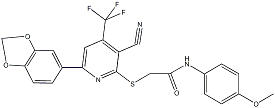 2-{[6-(1,3-benzodioxol-5-yl)-3-cyano-4-(trifluoromethyl)-2-pyridinyl]sulfanyl}-N-(4-methoxyphenyl)acetamide Struktur