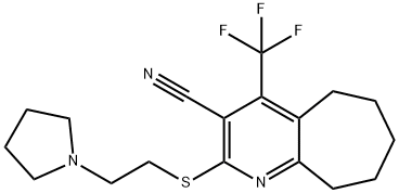 2-[(2-pyrrolidin-1-ylethyl)sulfanyl]-4-(trifluoromethyl)-6,7,8,9-tetrahydro-5H-cyclohepta[b]pyridine-3-carbonitrile Struktur