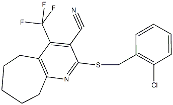 2-[(2-chlorobenzyl)sulfanyl]-4-(trifluoromethyl)-6,7,8,9-tetrahydro-5H-cyclohepta[b]pyridine-3-carbonitrile,626227-53-0,结构式