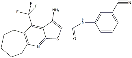 3-amino-N-(3-cyanophenyl)-4-(trifluoromethyl)-6,7,8,9-tetrahydro-5H-cyclohepta[b]thieno[3,2-e]pyridine-2-carboxamide 结构式