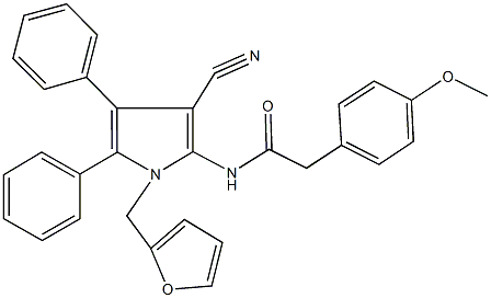 N-[3-cyano-1-(2-furylmethyl)-4,5-diphenyl-1H-pyrrol-2-yl]-2-(4-methoxyphenyl)acetamide Struktur