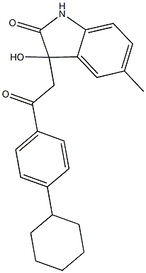 3-[2-(4-cyclohexylphenyl)-2-oxoethyl]-3-hydroxy-5-methyl-1,3-dihydro-2H-indol-2-one 化学構造式