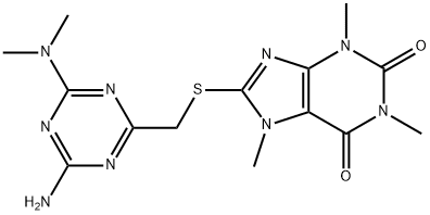 8-({[4-amino-6-(dimethylamino)-1,3,5-triazin-2-yl]methyl}sulfanyl)-1,3,7-trimethyl-3,7-dihydro-1H-purine-2,6-dione 化学構造式