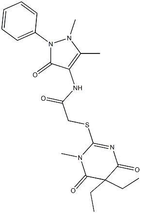 2-[(5,5-diethyl-1-methyl-4,6-dioxo-1,4,5,6-tetrahydro-2-pyrimidinyl)sulfanyl]-N-(1,5-dimethyl-3-oxo-2-phenyl-2,3-dihydro-1H-pyrazol-4-yl)acetamide,634168-30-2,结构式