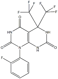 1-(2-fluorophenyl)-5,5-bis(trifluoromethyl)-5,8-dihydropyrimido[4,5-d]pyrimidine-2,4,7(1H,3H,6H)-trione 化学構造式