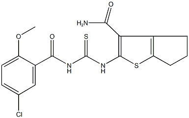 2-({[(5-chloro-2-methoxybenzoyl)amino]carbothioyl}amino)-5,6-dihydro-4H-cyclopenta[b]thiophene-3-carboxamide 化学構造式