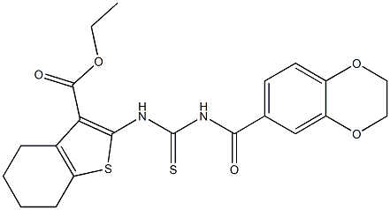 ethyl 2-({[(2,3-dihydro-1,4-benzodioxin-6-ylcarbonyl)amino]carbothioyl}amino)-4,5,6,7-tetrahydro-1-benzothiophene-3-carboxylate 化学構造式