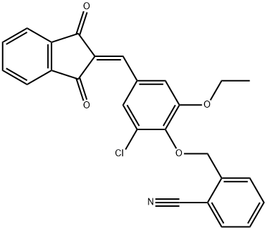 2-({2-chloro-4-[(1,3-dioxo-1,3-dihydro-2H-inden-2-ylidene)methyl]-6-ethoxyphenoxy}methyl)benzonitrile 化学構造式