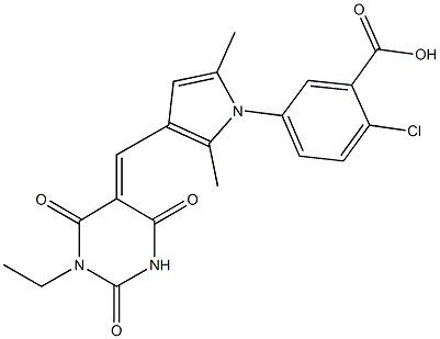 2-chloro-5-{3-[(1-ethyl-2,4,6-trioxotetrahydro-5(2H)-pyrimidinylidene)methyl]-2,5-dimethyl-1H-pyrrol-1-yl}benzoic acid,640254-34-8,结构式