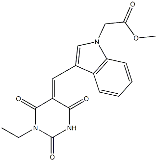 methyl {3-[(1-ethyl-2,4,6-trioxotetrahydro-5(2H)-pyrimidinylidene)methyl]-1H-indol-1-yl}acetate Struktur