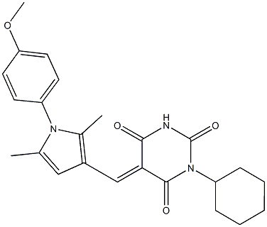 1-cyclohexyl-5-{[1-(4-methoxyphenyl)-2,5-dimethyl-1H-pyrrol-3-yl]methylene}-2,4,6(1H,3H,5H)-pyrimidinetrione,640259-60-5,结构式