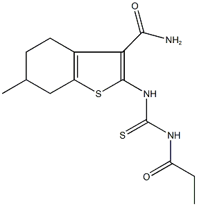 6-methyl-2-{[(propionylamino)carbothioyl]amino}-4,5,6,7-tetrahydro-1-benzothiophene-3-carboxamide Structure