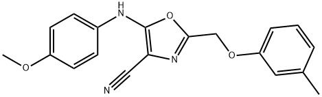 5-(4-methoxyanilino)-2-[(3-methylphenoxy)methyl]-1,3-oxazole-4-carbonitrile Struktur