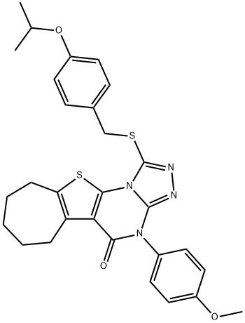 1-[(4-isopropoxybenzyl)sulfanyl]-4-(4-methoxyphenyl)-7,8,9,10-tetrahydro-6H-cyclohepta[4,5]thieno[3,2-e][1,2,4]triazolo[4,3-a]pyrimidin-5(4H)-one 结构式