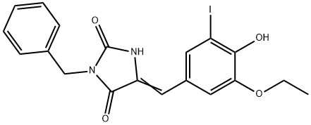3-benzyl-5-(3-ethoxy-4-hydroxy-5-iodobenzylidene)-2,4-imidazolidinedione Struktur