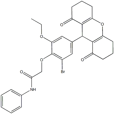 2-[2-bromo-4-(1,8-dioxo-2,3,4,5,6,7,8,9-octahydro-1H-xanthen-9-yl)-6-ethoxyphenoxy]-N-phenylacetamide,662155-98-8,结构式
