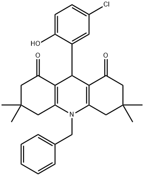 10-benzyl-9-(5-chloro-2-hydroxyphenyl)-3,3,6,6-tetramethyl-3,4,6,7,9,10-hexahydro-1,8(2H,5H)-acridinedione,662156-09-4,结构式