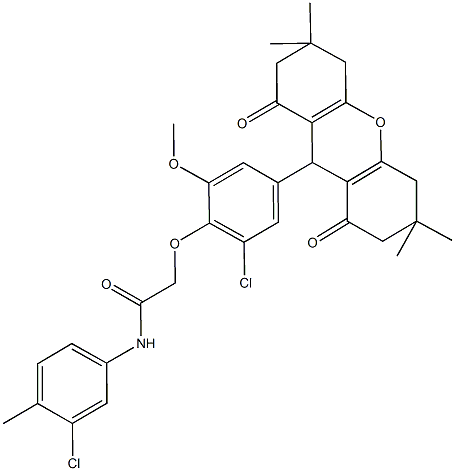 2-[2-chloro-6-methoxy-4-(3,3,6,6-tetramethyl-1,8-dioxo-2,3,4,5,6,7,8,9-octahydro-1H-xanthen-9-yl)phenoxy]-N-(3-chloro-4-methylphenyl)acetamide,662156-20-9,结构式