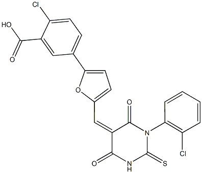 2-chloro-5-{5-[(1-(2-chlorophenyl)-4,6-dioxo-2-thioxotetrahydro-5(2H)-pyrimidinylidene)methyl]-2-furyl}benzoic acid,662157-00-8,结构式