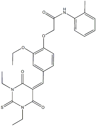 2-{4-[(1,3-diethyl-4,6-dioxo-2-thioxotetrahydro-5(2H)-pyrimidinylidene)methyl]-2-ethoxyphenoxy}-N-(2-methylphenyl)acetamide,662162-42-7,结构式