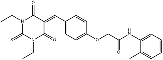 2-{4-[(1,3-diethyl-4,6-dioxo-2-thioxotetrahydro-5(2H)-pyrimidinylidene)methyl]phenoxy}-N-(2-methylphenyl)acetamide Structure