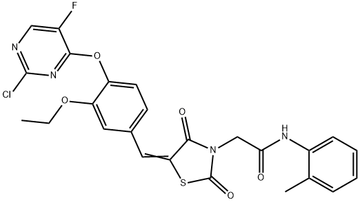 2-(5-{4-[(2-chloro-5-fluoro-4-pyrimidinyl)oxy]-3-ethoxybenzylidene}-2,4-dioxo-1,3-thiazolidin-3-yl)-N-(2-methylphenyl)acetamide,662162-88-1,结构式