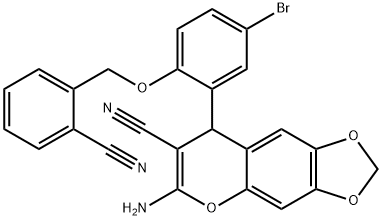 6-amino-8-{5-bromo-2-[(2-cyanobenzyl)oxy]phenyl}-8H-[1,3]dioxolo[4,5-g]chromene-7-carbonitrile,663157-75-3,结构式