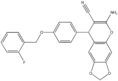 6-amino-8-{4-[(2-fluorobenzyl)oxy]phenyl}-8H-[1,3]dioxolo[4,5-g]chromene-7-carbonitrile Struktur