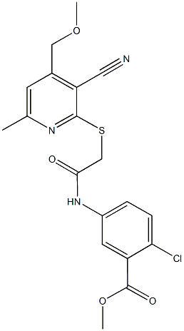 methyl 2-chloro-5-[({[3-cyano-4-(methoxymethyl)-6-methyl-2-pyridinyl]sulfanyl}acetyl)amino]benzoate Struktur