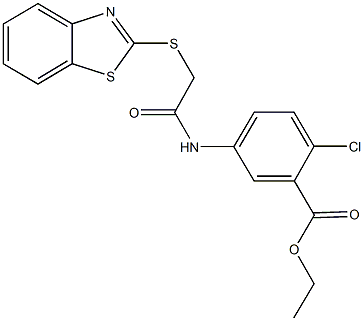 ethyl 5-{[(1,3-benzothiazol-2-ylsulfanyl)acetyl]amino}-2-chlorobenzoate,663200-94-0,结构式