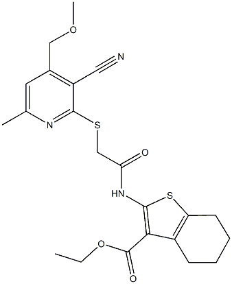ethyl 2-[({[3-cyano-4-(methoxymethyl)-6-methyl-2-pyridinyl]sulfanyl}acetyl)amino]-4,5,6,7-tetrahydro-1-benzothiophene-3-carboxylate 结构式
