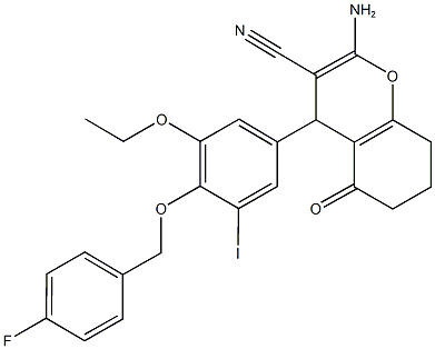 2-amino-4-{3-ethoxy-4-[(4-fluorobenzyl)oxy]-5-iodophenyl}-5-oxo-5,6,7,8-tetrahydro-4H-chromene-3-carbonitrile,663203-35-8,结构式