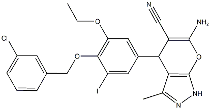 6-amino-4-{4-[(3-chlorobenzyl)oxy]-3-ethoxy-5-iodophenyl}-3-methyl-1,4-dihydropyrano[2,3-c]pyrazole-5-carbonitrile,663203-42-7,结构式