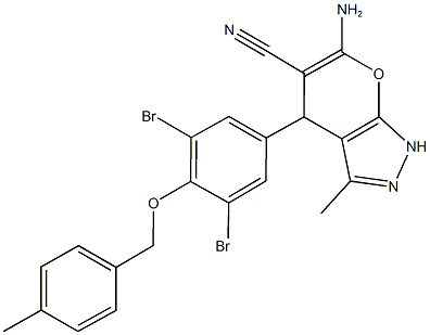 6-amino-4-{3,5-dibromo-4-[(4-methylbenzyl)oxy]phenyl}-3-methyl-1,4-dihydropyrano[2,3-c]pyrazole-5-carbonitrile Structure