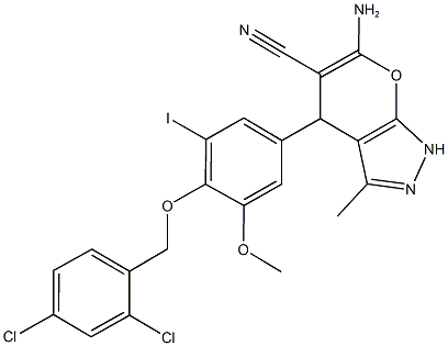 6-amino-4-{4-[(2,4-dichlorobenzyl)oxy]-3-iodo-5-methoxyphenyl}-3-methyl-1,4-dihydropyrano[2,3-c]pyrazole-5-carbonitrile Structure