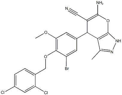 6-amino-4-{3-bromo-4-[(2,4-dichlorobenzyl)oxy]-5-methoxyphenyl}-3-methyl-1,4-dihydropyrano[2,3-c]pyrazole-5-carbonitrile 结构式