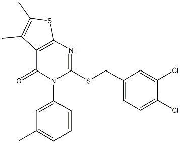 2-[(3,4-dichlorobenzyl)sulfanyl]-5,6-dimethyl-3-(3-methylphenyl)thieno[2,3-d]pyrimidin-4(3H)-one Struktur