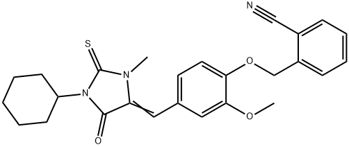 2-({4-[(1-cyclohexyl-3-methyl-5-oxo-2-thioxo-4-imidazolidinylidene)methyl]-2-methoxyphenoxy}methyl)benzonitrile Struktur