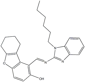 1-{[(1-hexyl-1H-benzimidazol-2-yl)imino]methyl}-6,7,8,9-tetrahydrodibenzo[b,d]furan-2-ol 化学構造式