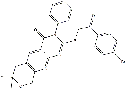 2-{[2-(4-bromophenyl)-2-oxoethyl]sulfanyl}-7,7-dimethyl-3-phenyl-6,9-dihydro-3H-pyrano[4',3':5,6]pyrido[2,3-d]pyrimidin-4(7H)-one 化学構造式