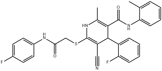 5-cyano-6-{[2-(4-fluoroanilino)-2-oxoethyl]sulfanyl}-4-(2-fluorophenyl)-2-methyl-N-(2-methylphenyl)-1,4-dihydro-3-pyridinecarboxamide Structure