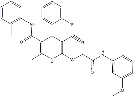 5-cyano-4-(2-fluorophenyl)-6-{[2-(3-methoxyanilino)-2-oxoethyl]sulfanyl}-2-methyl-N-(2-methylphenyl)-1,4-dihydro-3-pyridinecarboxamide 结构式