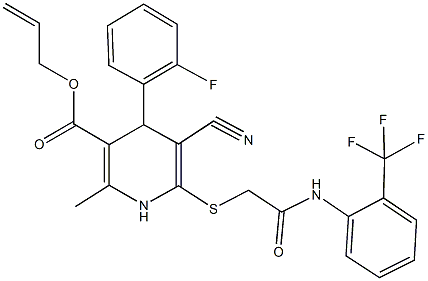 allyl 5-cyano-4-(2-fluorophenyl)-2-methyl-6-({2-oxo-2-[2-(trifluoromethyl)anilino]ethyl}sulfanyl)-1,4-dihydro-3-pyridinecarboxylate,663217-85-4,结构式