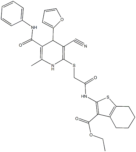 ethyl 2-[({[5-(anilinocarbonyl)-3-cyano-4-(2-furyl)-6-methyl-1,4-dihydro-2-pyridinyl]sulfanyl}acetyl)amino]-4,5,6,7-tetrahydro-1-benzothiophene-3-carboxylate Struktur