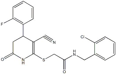 N-(2-chlorobenzyl)-2-{[3-cyano-4-(2-fluorophenyl)-6-oxo-1,4,5,6-tetrahydro-2-pyridinyl]sulfanyl}acetamide 结构式