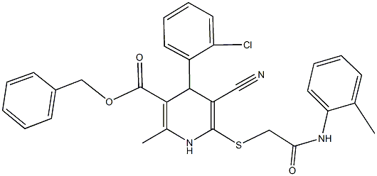 benzyl 4-(2-chlorophenyl)-5-cyano-2-methyl-6-{[2-oxo-2-(2-toluidino)ethyl]sulfanyl}-1,4-dihydro-3-pyridinecarboxylate 结构式